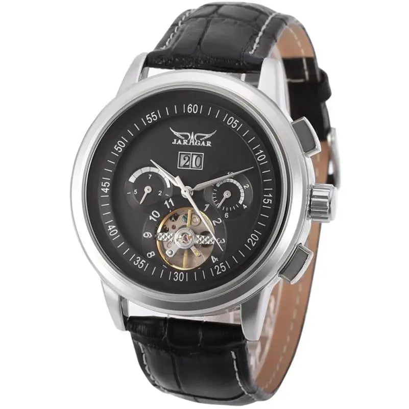 JARAGER 1655  High Quality Brown Unisex Mechanical Watch Latest PU Leather Strap 3 Dials Skeleton  Business Watch Design