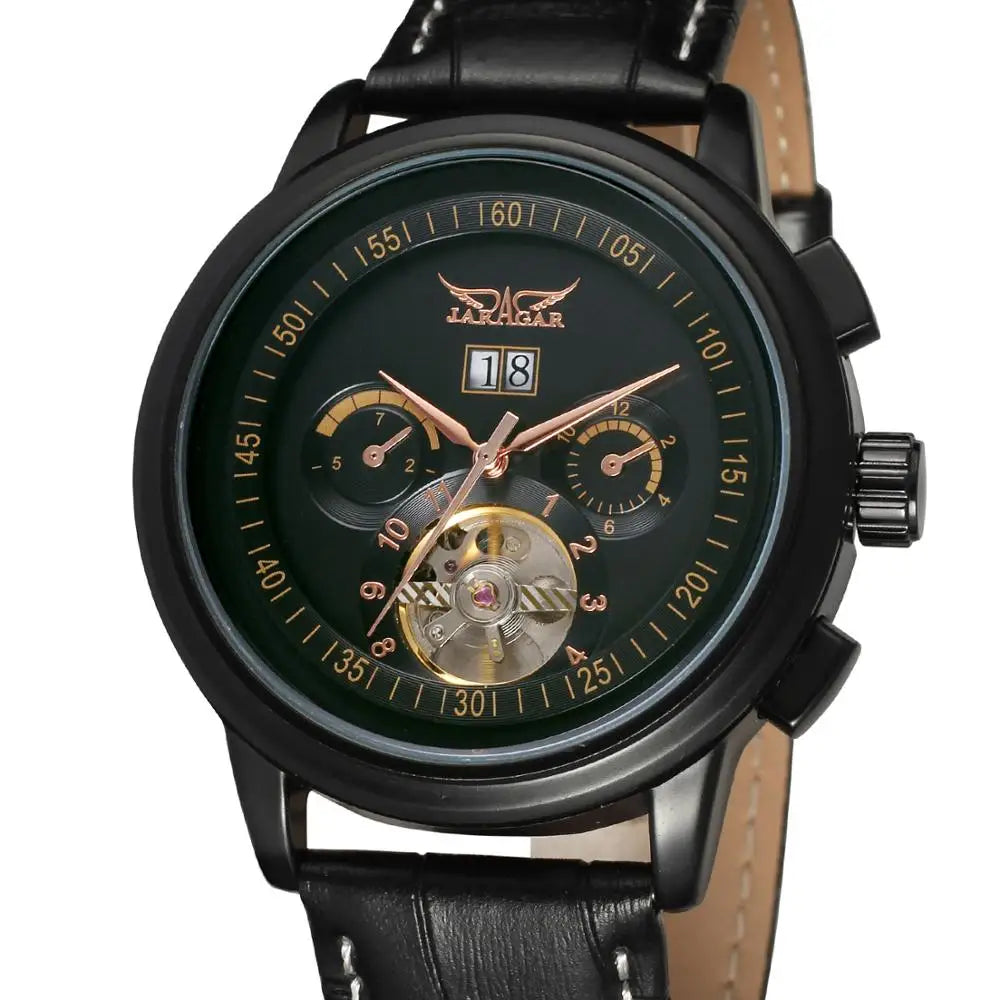 JARAGER 1655  High Quality Brown Unisex Mechanical Watch Latest PU Leather Strap 3 Dials Skeleton  Business Watch Design