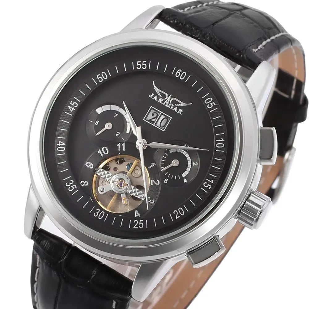JARAGER 1655  High Quality Brown Unisex Mechanical Watch Latest PU Leather Strap 3 Dials Skeleton  Business Watch Design