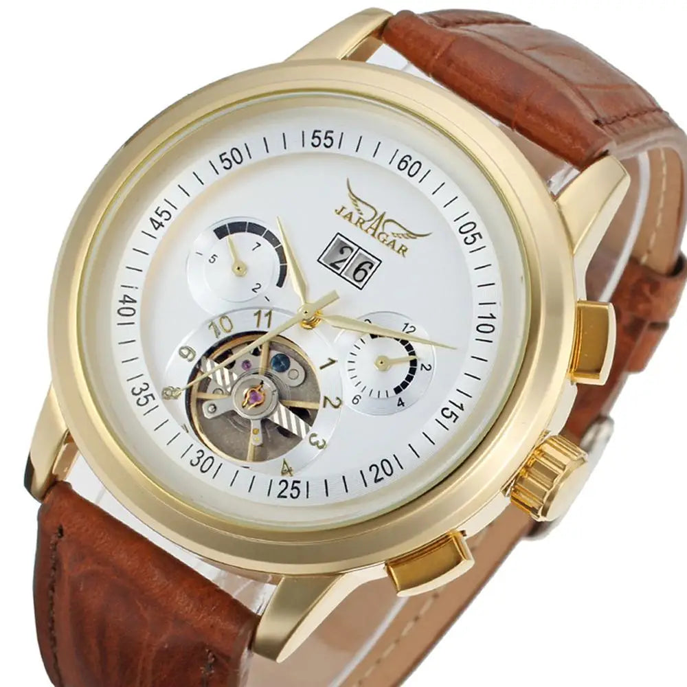 JARAGER 1655  High Quality Brown Unisex Mechanical Watch Latest PU Leather Strap 3 Dials Skeleton  Business Watch Design