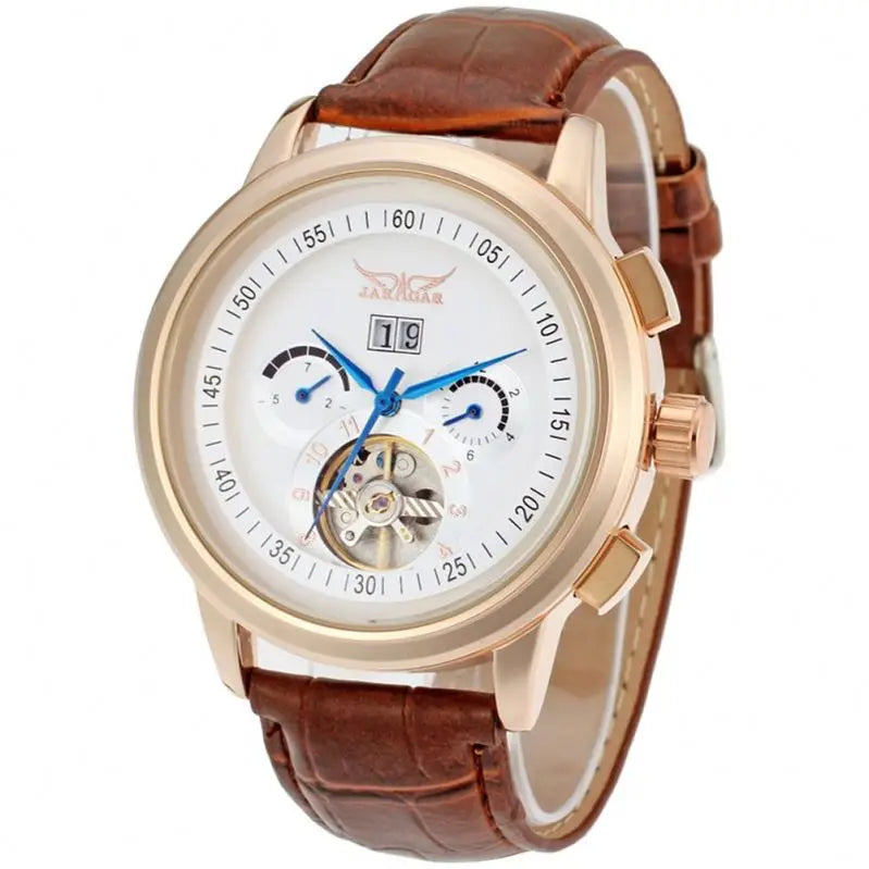 JARAGER 1655  High Quality Brown Unisex Mechanical Watch Latest PU Leather Strap 3 Dials Skeleton  Business Watch Design