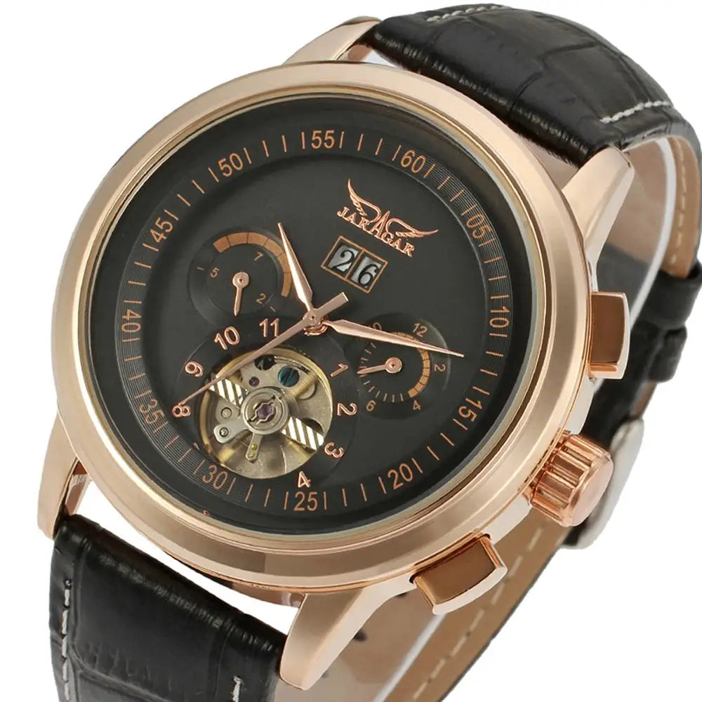 JARAGER 1655  High Quality Brown Unisex Mechanical Watch Latest PU Leather Strap 3 Dials Skeleton  Business Watch Design