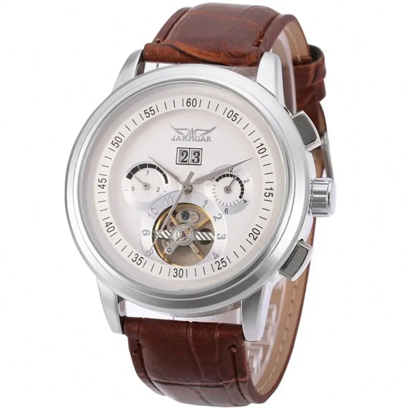JARAGER 1655  High Quality Brown Unisex Mechanical Watch Latest PU Leather Strap 3 Dials Skeleton  Business Watch Design