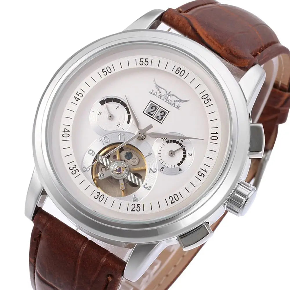 JARAGER 1655  High Quality Brown Unisex Mechanical Watch Latest PU Leather Strap 3 Dials Skeleton  Business Watch Design