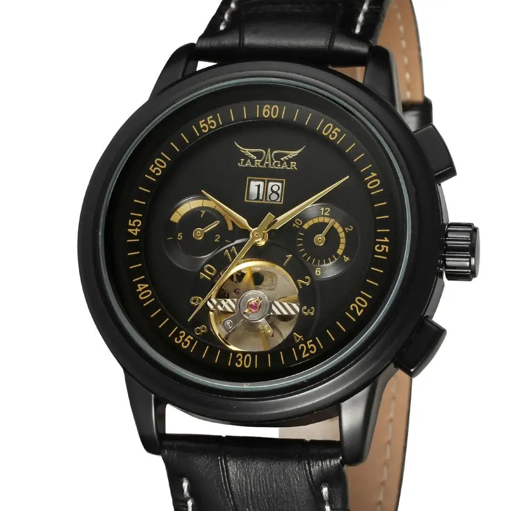 JARAGER 1655  High Quality Brown Unisex Mechanical Watch Latest PU Leather Strap 3 Dials Skeleton  Business Watch Design