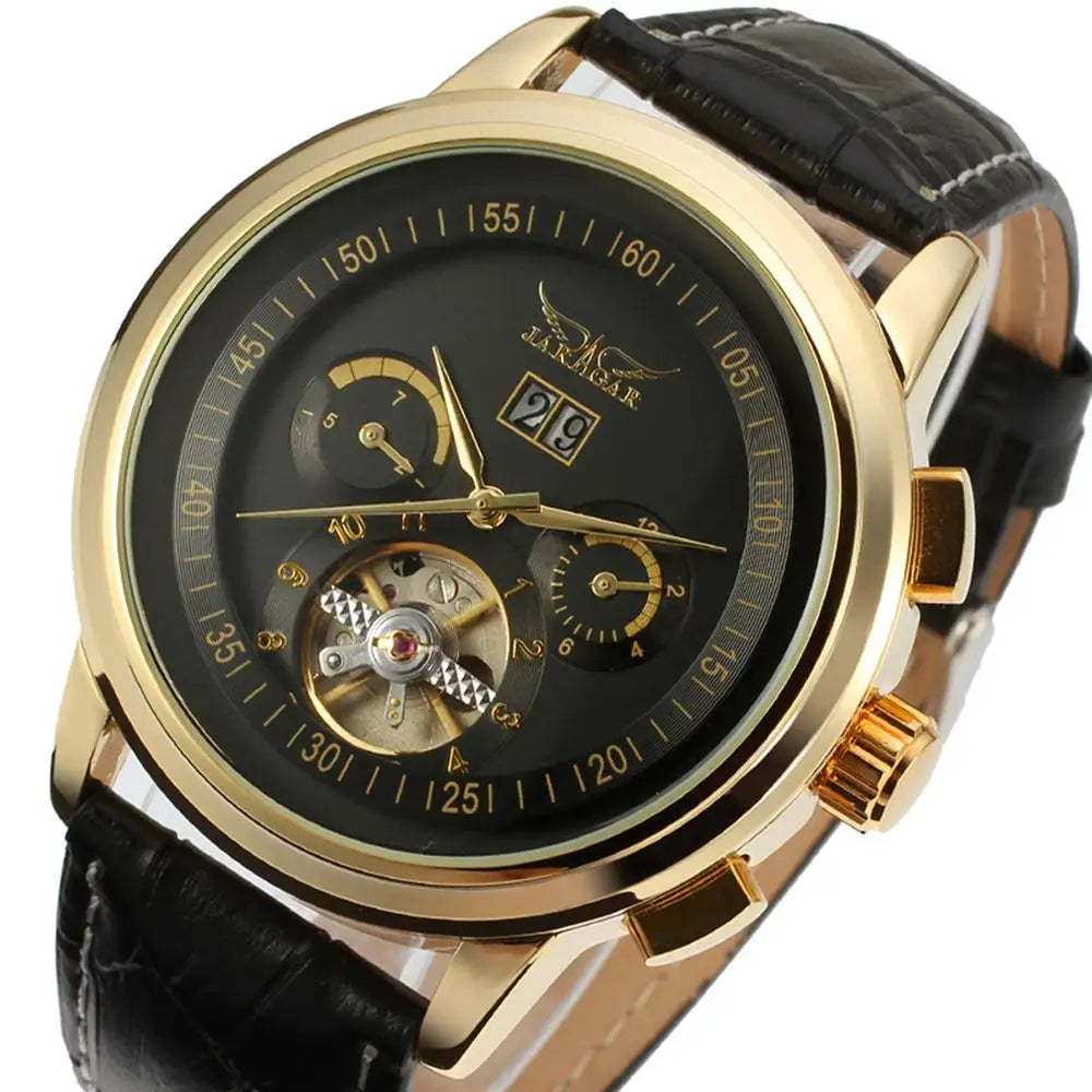 JARAGER 1655  High Quality Brown Unisex Mechanical Watch Latest PU Leather Strap 3 Dials Skeleton  Business Watch Design