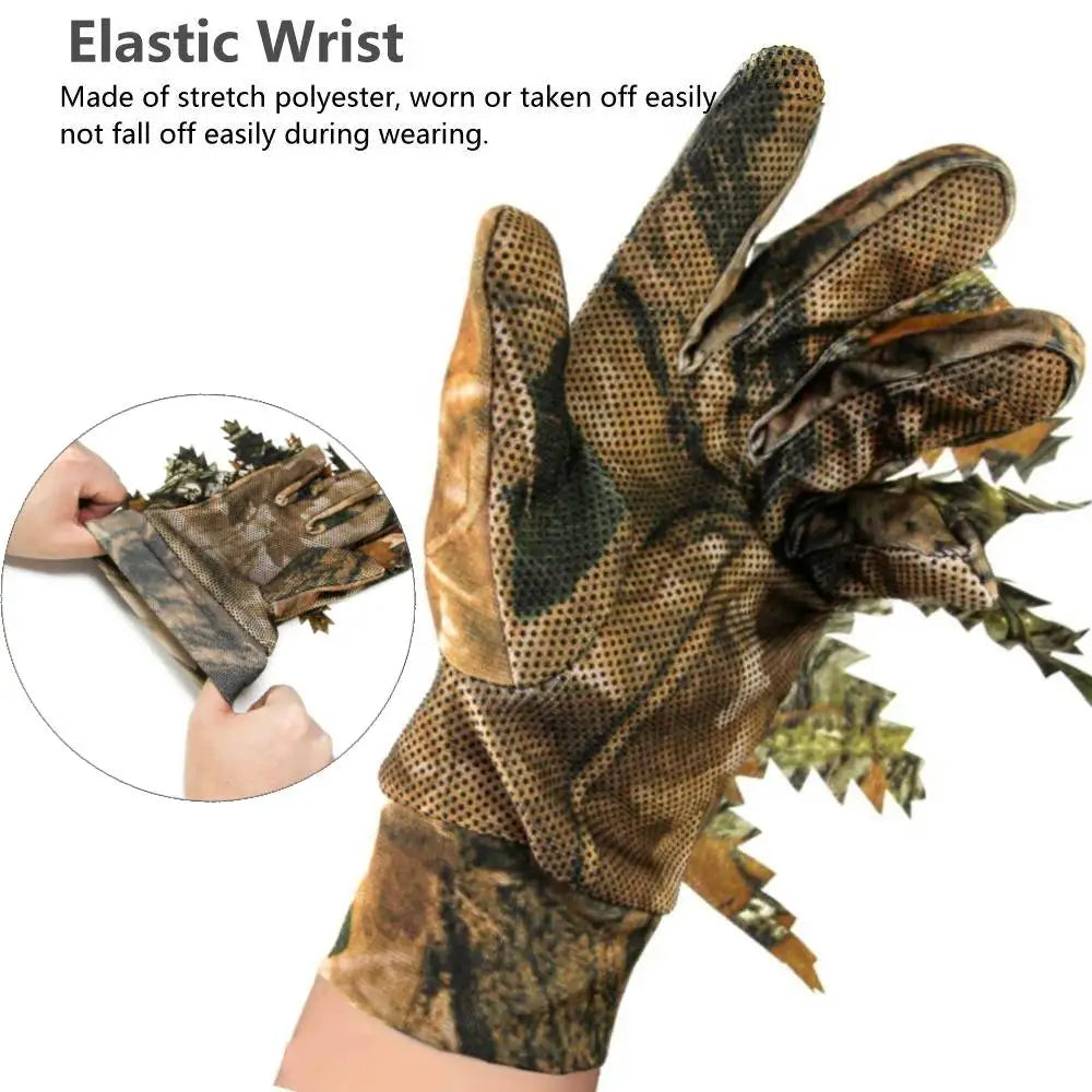 GUGULUZA 1 Pair Sneaky 3D Leaf Camo Gloves Full Finger Comfortable Non-slip Durable For Outdoor Hunting Fishing CS Shooting