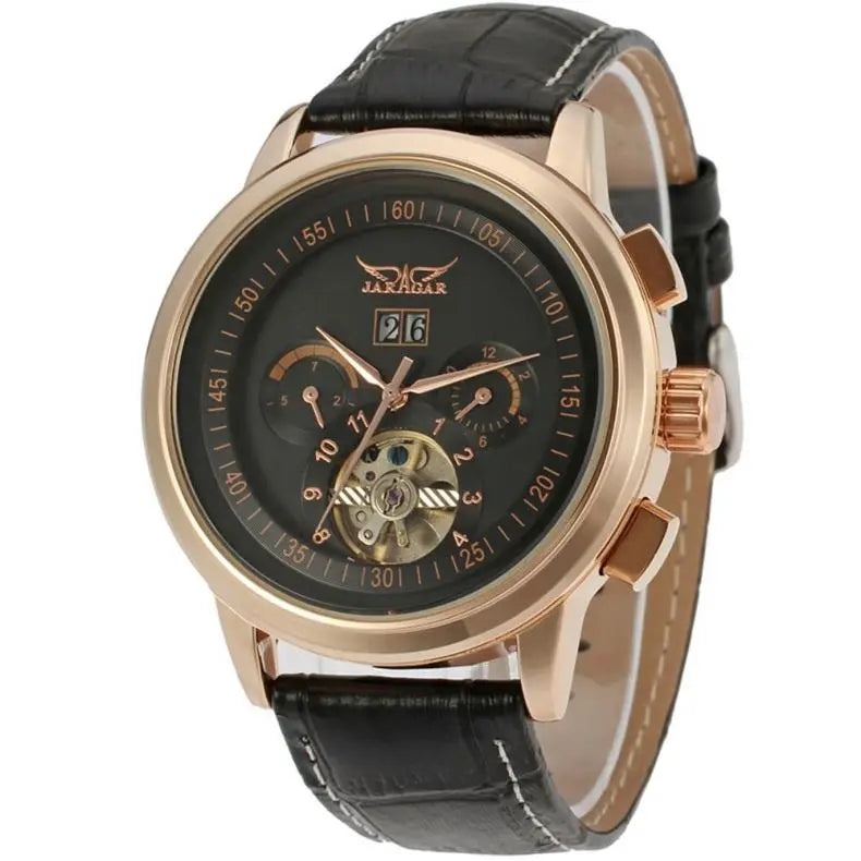 JARAGER 1655  High Quality Brown Unisex Mechanical Watch Latest PU Leather Strap 3 Dials Skeleton  Business Watch Design