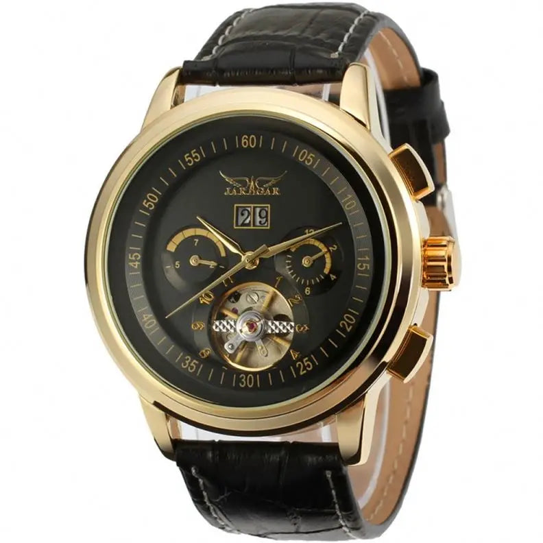 JARAGER 1655  High Quality Brown Unisex Mechanical Watch Latest PU Leather Strap 3 Dials Skeleton  Business Watch Design