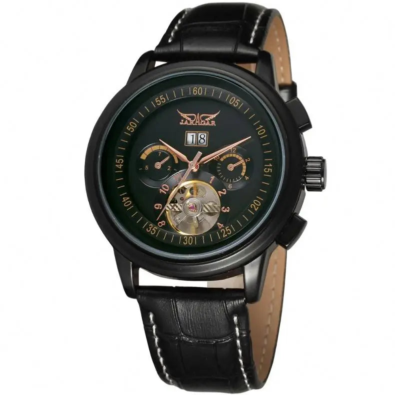 JARAGER 1655  High Quality Brown Unisex Mechanical Watch Latest PU Leather Strap 3 Dials Skeleton  Business Watch Design