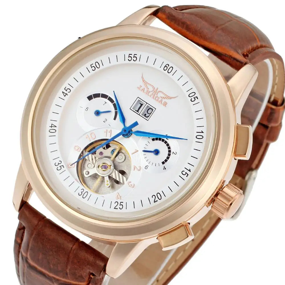 JARAGER 1655  High Quality Brown Unisex Mechanical Watch Latest PU Leather Strap 3 Dials Skeleton  Business Watch Design