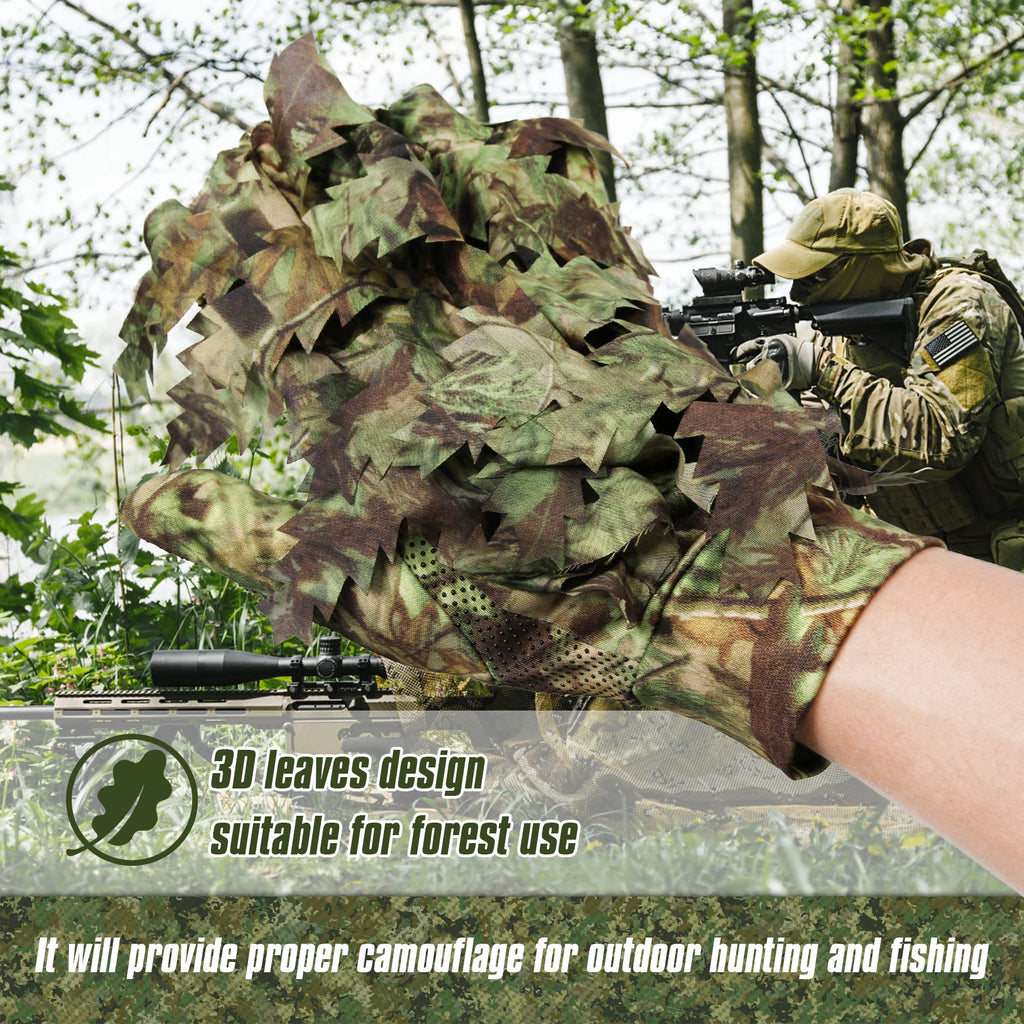 GUGULUZA 1 Pair Sneaky 3D Leaf Camo Gloves Full Finger Comfortable Non-slip Durable For Outdoor Hunting Fishing CS Shooting