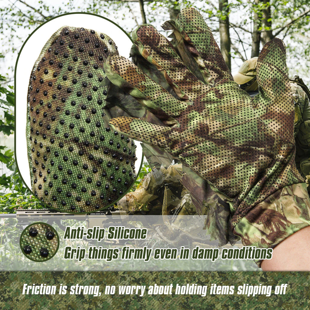 GUGULUZA 1 Pair Sneaky 3D Leaf Camo Gloves Full Finger Comfortable Non-slip Durable For Outdoor Hunting Fishing CS Shooting