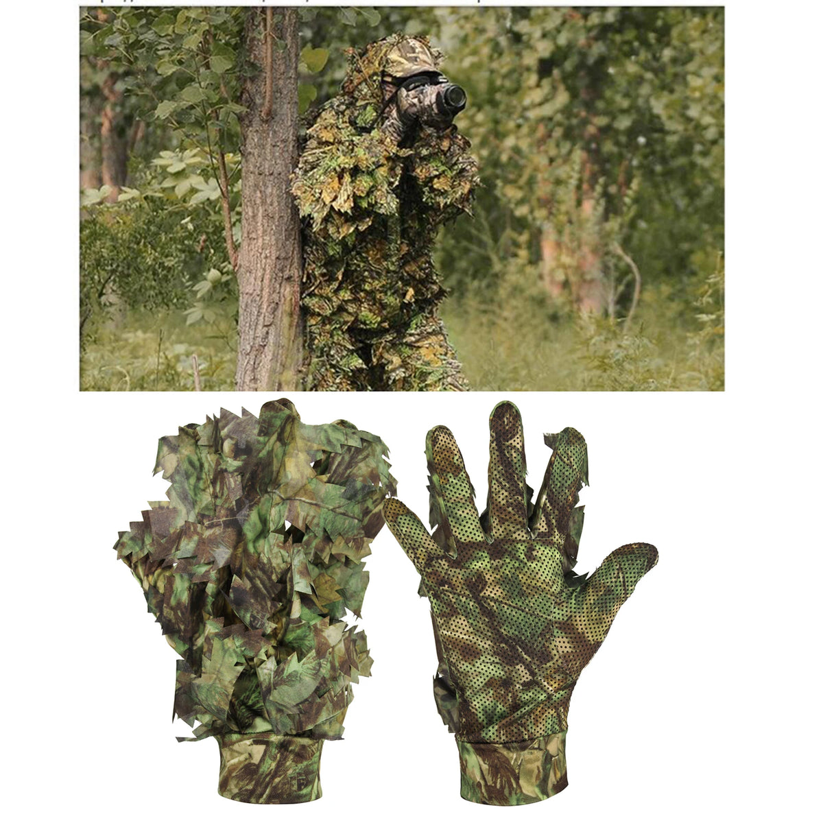 GUGULUZA 1 Pair Sneaky 3D Leaf Camo Gloves Full Finger Comfortable Non-slip Durable For Outdoor Hunting Fishing CS Shooting