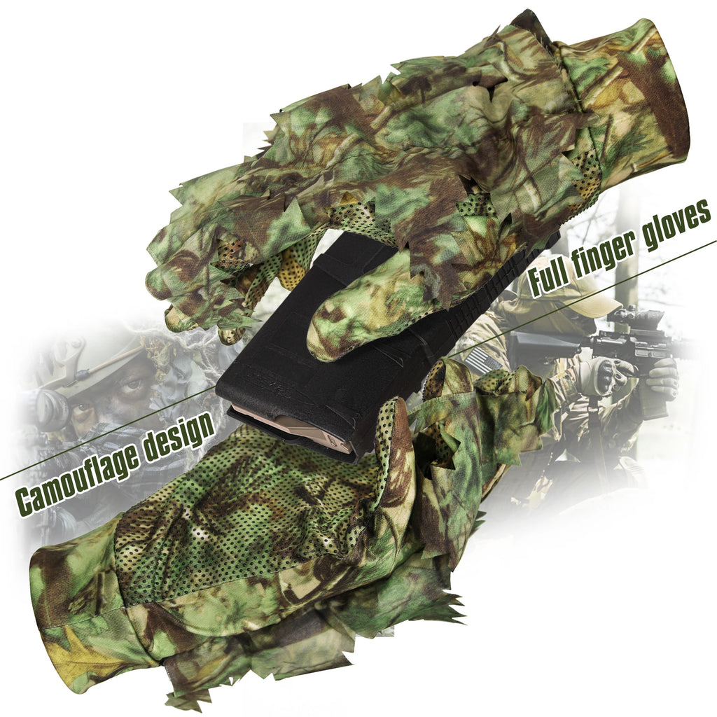 GUGULUZA 1 Pair Sneaky 3D Leaf Camo Gloves Full Finger Comfortable Non-slip Durable For Outdoor Hunting Fishing CS Shooting