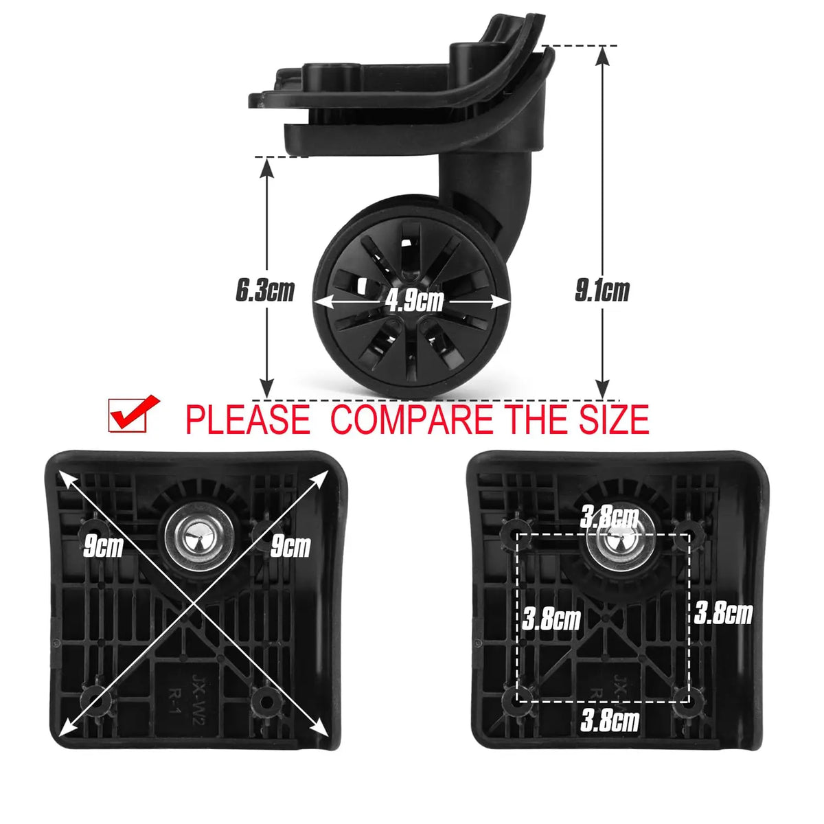 GUGULUZA 1Pair Luggage Wheels Suitcase Replacement Wheel W/H 4 Screw Holes Trolley Caster Double Row 360° Spinner Repairing Kit